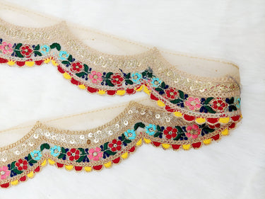9 Yards Scallop Sequin Floral Border, Beige Shimmer Tissue Fabric Lace Trim Flowers Embroidery, Floral Sari Trimming